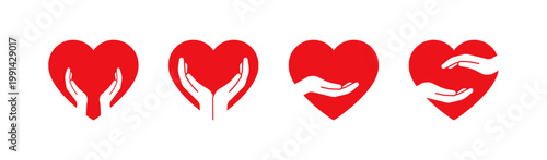Set of four red heart icons with white hands offering care and support