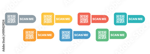Collection of colorful "Scan Me" buttons with QR codes for digital interaction