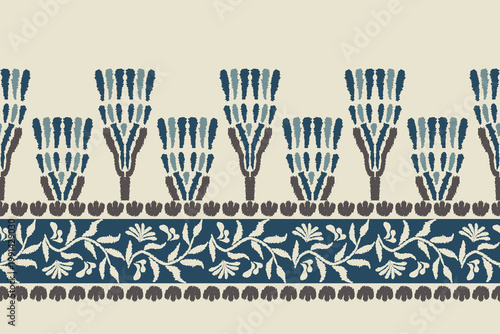 Bilde på lerret Traditional Tribal Ikat Pattern Border in Navy and Cream featuring Stylized Palm Motifs and Botanical Vines for Ethnic Textile Design and Bohemian Home Decor Wallpaper, Bohemian Tribal Geometric