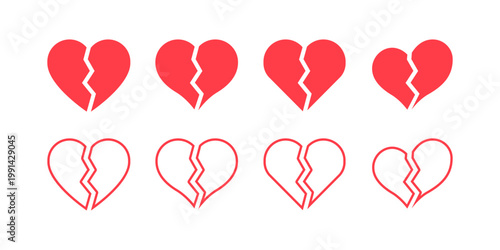 Collection of red broken heart icons and outlines on a white background