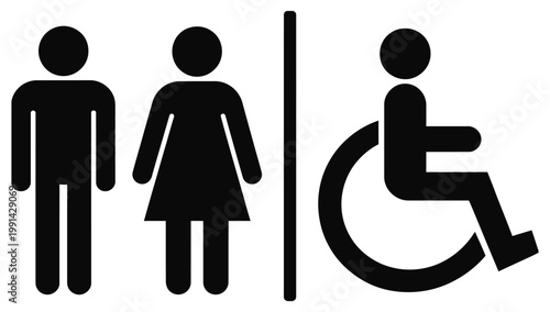 Male, female, and accessible restroom icon set, vector illustration of universal toilet signage including man, woman, and wheelchair accessibility symbol, clean flat and outline design for public bath
