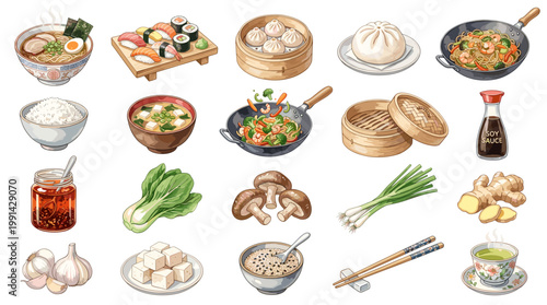 Watercolor asian food vector set with dumplings, noodles, rice, soy sauce, vegetables and spices for menu design, recipe cards, restaurant branding and cooking blogs