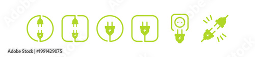 Set of green electrical plug and socket icons with lightning bolt symbol