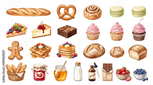 Watercolor bakery dessert vector set with bread, pretzel, cake, cupcake, pie, jam and berries for cafe menus, pastry shops, food blogs and sweet branding