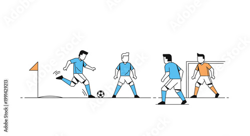 Soccer players kicking ball in motion.