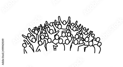 Stick figures crowd with raised hands.
