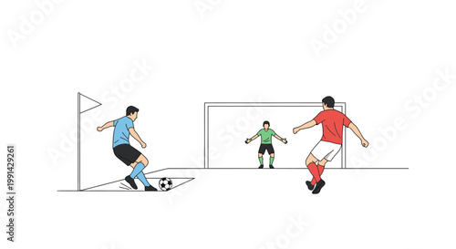 Soccer players in action kicking ball.