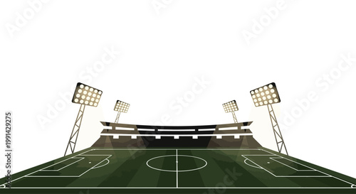 Soccer field with lights and seating.