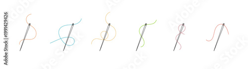 Set of sewing needles with colorful threads in different loops and stitches
