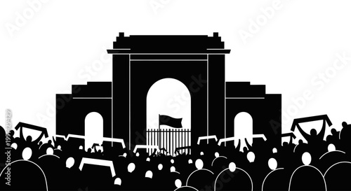 Large crowd gathered at famous monument.