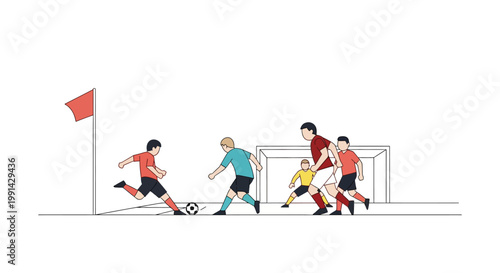 Soccer players in action kicking ball.