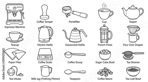 Outline coffee maker and brewing equipment vector set with espresso machine, moka pot, kettle, dripper, grinder and cups for cafe menus, barista guides and kitchen design