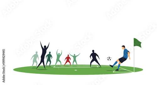 Soccer player kicks ball in game.