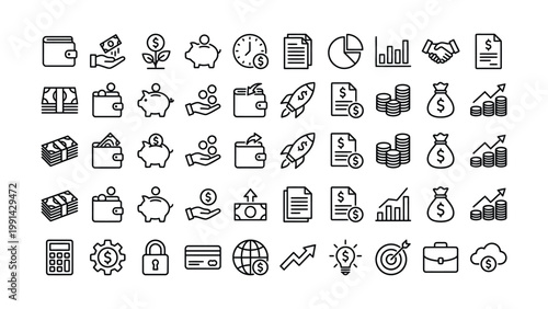 Financial icons set: business and money concepts in hand drawn style with piggy bank business illustration collection calculator credit card document contract agreement investment analysis