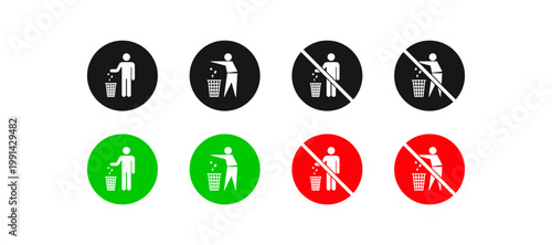 Collection of littering prohibition and disposal icons in black, green, and red circles