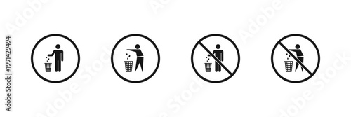 Photos Set of icons showing people littering and prohibition signs for littering