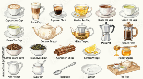 Watercolor coffee drink vector set with espresso, cappuccino, latte, mocha, teapot and cups for cafe menus, beverage charts, coffee shops and breakfast design