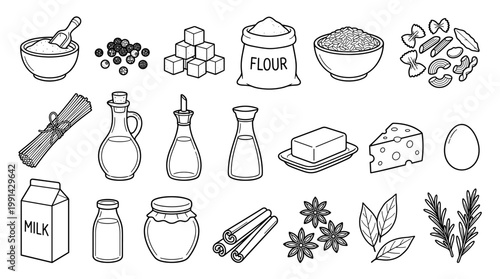 Outline baking ingredient vector set with flour, milk, butter, eggs, cheese, nuts and spices for recipe books, menus, packaging and culinary illustrations
