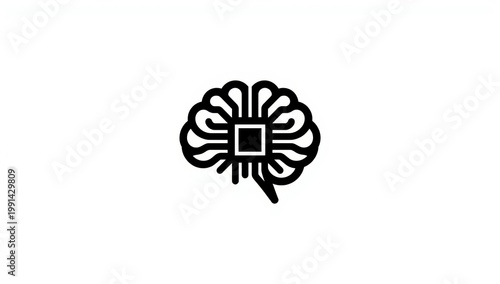 A black and white image of a brain with a square in the middle isolated on white background
