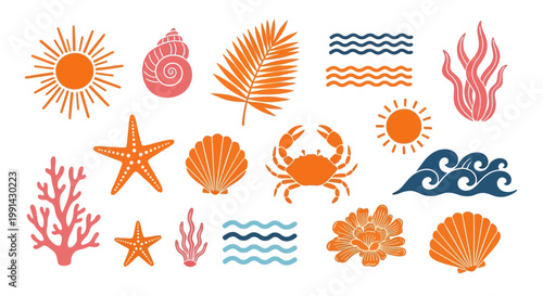 Tropical summer beach icons set, orange and pink sea life vector elements, nautical ocean symbols with sun, shells, crab, and coral for vacation design