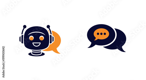 Robot with headset and speech bubble.