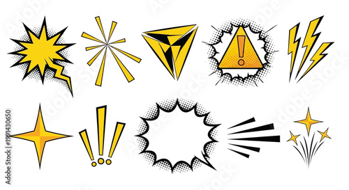 Comic book explosion bubbles and yellow action symbols, set of 10 pop art vector elements, cartoon speech bubbles and lightning bolt icons