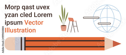 Education, creativity, design, workspace setup, modern learning, artistic projects. Desk chair, pencil potted plant and globe. Education and creativity concept for professional and personal growth