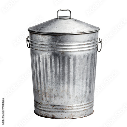 Vintage Style Galvanized Metal Trash Can with Lid Isolated PNG for Professional Use