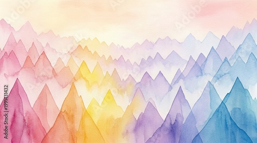 Dreamy watercolor landscape of colorful, layered mountains at sunrise.