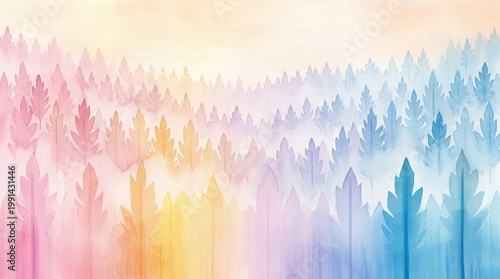 Dreamy, ethereal forest landscape painted with soft pastel colors evoking tranquility and wonder.