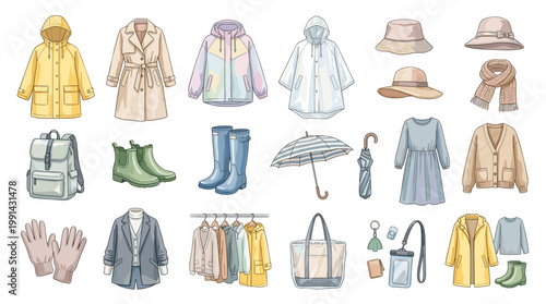 Women autumn clothing vector set with raincoat, trench coat, dresses, boots, hats, scarf and bags in watercolor style for fashion catalogs and seasonal outfit design