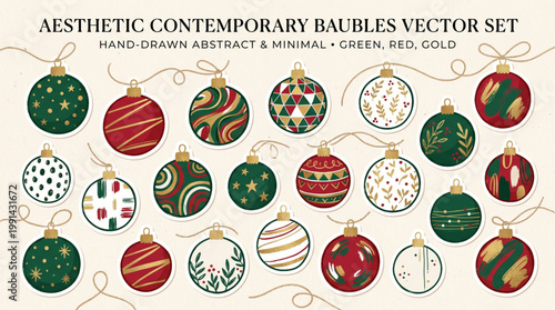 Hand drawn abstract minimal element, cute baubles vector set. Aesthetic contemporary green, red and gold art