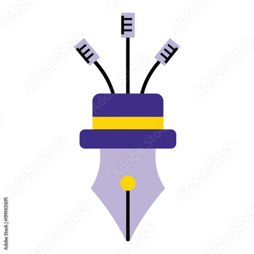 Colorful illustration of a fountain pen nib wearing a purple hat icon