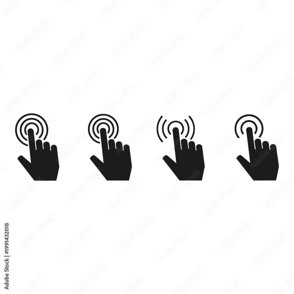 Obraz premium Four black hand icons with finger pointing and concentric circles on white background icon