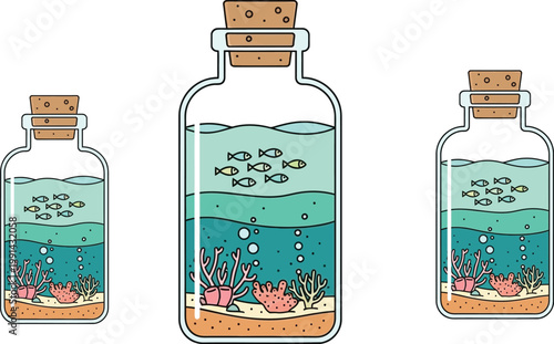 Ocean ecosystem in a glass bottle flat vector illustration sea life