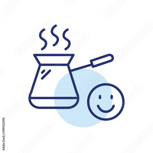 Cezve coffee making pot and smiley face. Drinks, brews and cafe service customer satisfaction. Pixel perfect, editable stroke vector icon