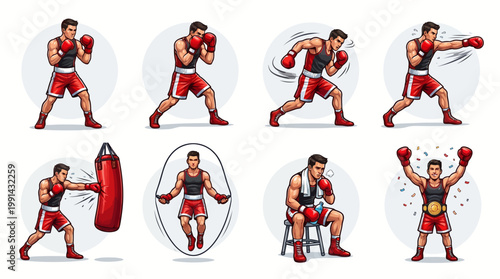 Set of Isolated Male Boxer Character Illustrations Featuring Various Poses Like Punching Training with Heavy Bag Jumping Rope Resting and Celebrating Victory