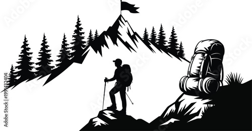 Silhouette of hiker reaching mountain peak with flag symbolizing achievement, vector illustration representing success, perseverance, and goal accomplishment, ideal for motivational branding