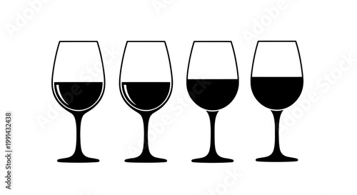 Wine glass icon set with dark liquid, minimal outlines, and clean vector-style silhouettes for bar menus and labels