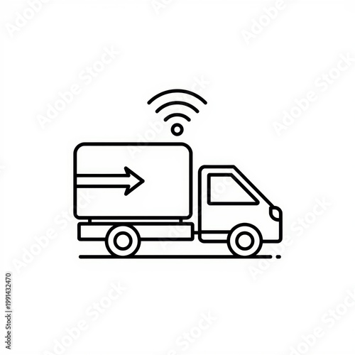 A black and white image of a truck with a wi-fi signal isolated on white background