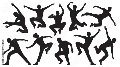 A set of men and  street dance hip hop dancers in silhouette.eps