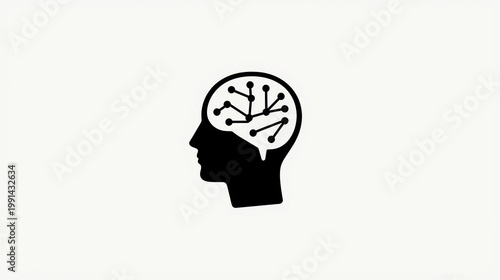 A black and white icon of a human head with a brain isolated on white background