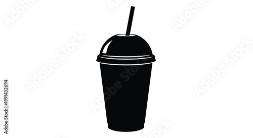 Black vector illustration of a disposable cup with a straw and lid