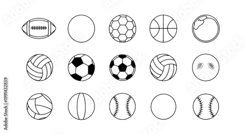 Balls sports icon set with football, soccer, basketball, and volleyball black line drawings featuring icons, rugby, baseball with softball and tennis