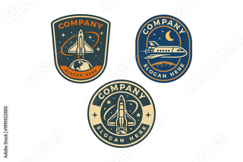 Space shuttle rocket retro badge logo design set for aerospace. Rocket launch vintage patch sticker pack for exploration. Spacecraft orbital vehicle rustic emblem element designs for futuristic