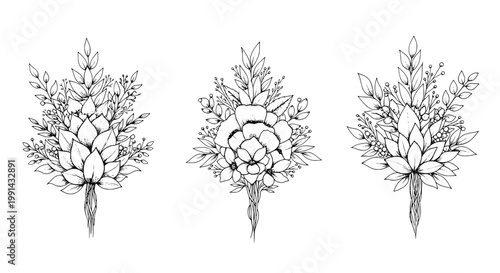 Bouquets hand drawn set with black floral arrangements and leaves featuring bouquet, flowers, vector with illustration and line art elements for