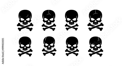 Skull and crossbones icon set with black graphic symbols, pirate hazard style, for danger, warning, stickers, and vector badges