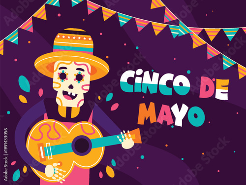 A festive illustration of a skeleton playing guitar for cinco de mayo