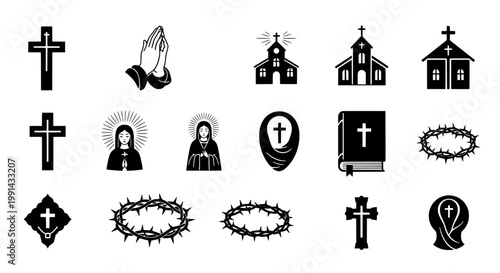Christian icons set with crosses, churches, and religious symbols in black and white featuring faith, prayer, church with holy and crucifix elements