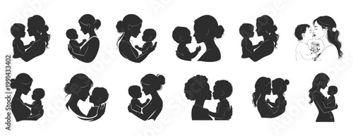 Mothers day elements set: Mothers holding baby embracing motherhood silhouettes and line art